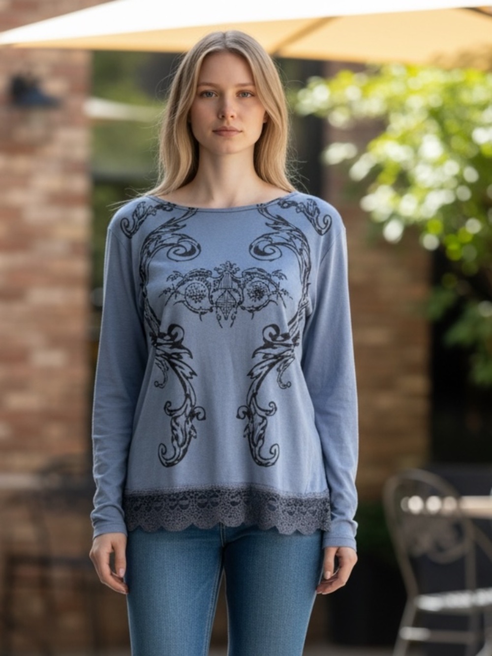 One World Long Sleeve Embroidered Floral Soft Knit Top , size L